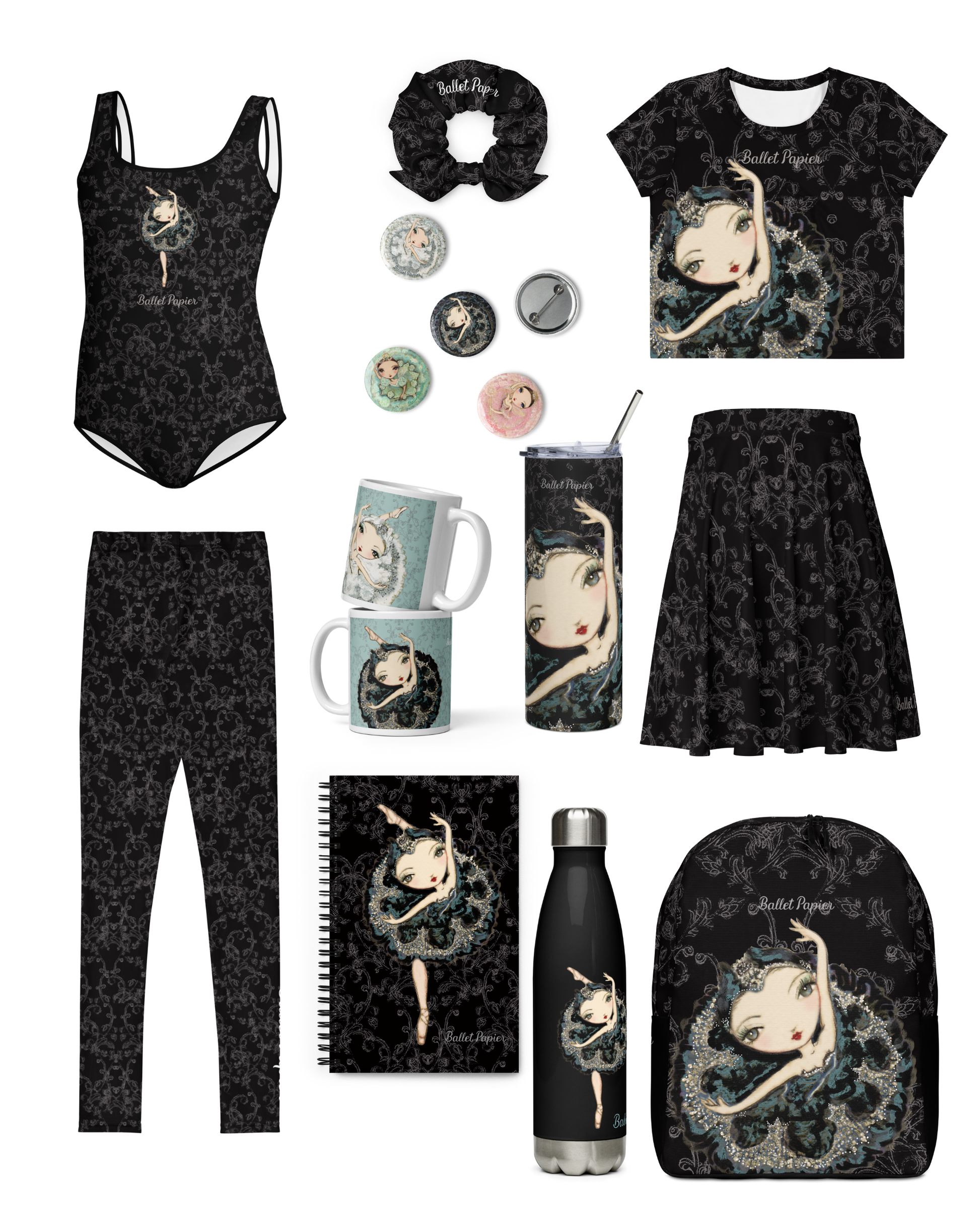 Set of pin buttons Swans and Fairies —Large 2.25" (5.72cm)